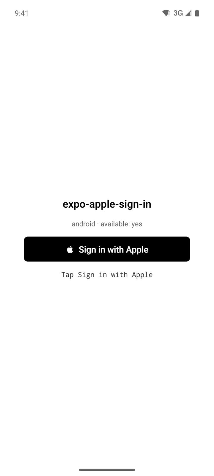 The example app on an Android emulator, showing the platform, availability, the black Sign in with Apple button and the status line
