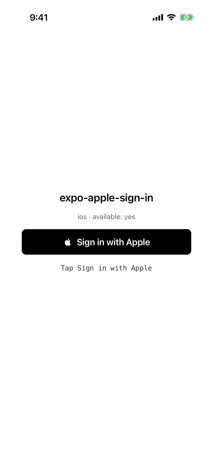 The example app on an iPhone 17 Pro simulator, showing the platform, availability, the black Sign in with Apple button and the status line