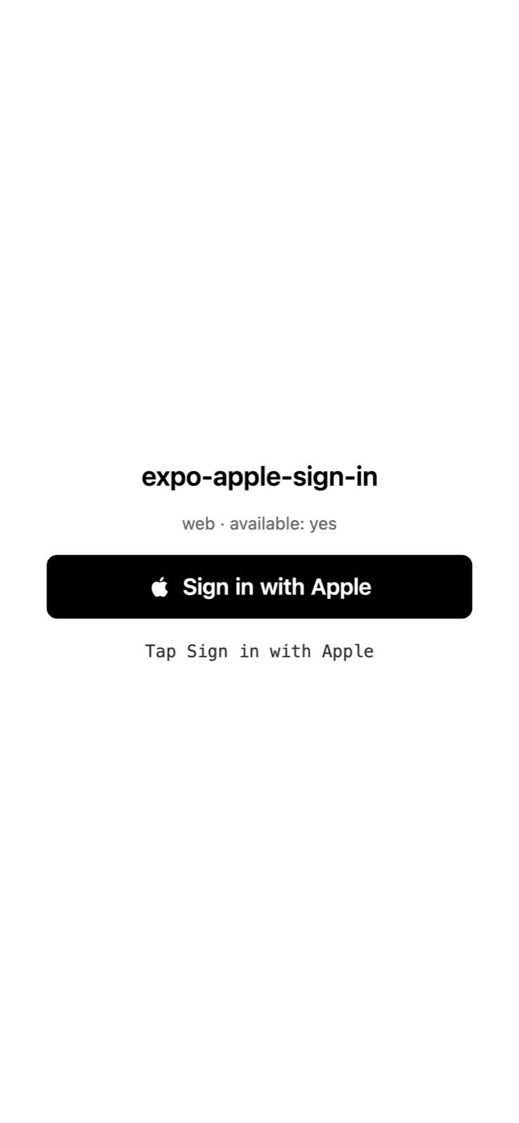 The example app in a browser, showing the platform, availability, the black Sign in with Apple button and the status line
